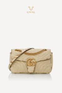 BlackFriday Exclusive | GUCCI Raffia Snakeskin Trimmed Matelasse Small GG Marmont Shoulder Bag Beige