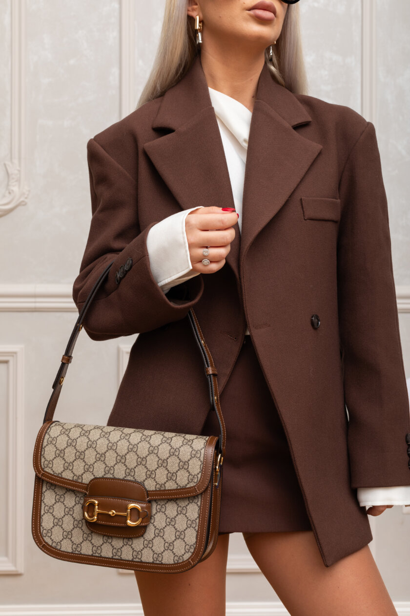 <span style="font-size: 10px; color: rgb(101, 101, 101);letter-spacing: .15em;">NEW COLLECTION</span><br><strong> GUCCI </strong><br><div style="margin-top:10px; font-size:16px;">Horsebit 1955 Medium Shoulder Bag GG Supreme Fabric Brown</div><br> - Image 6