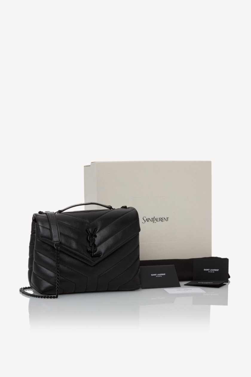 Genti | SAINT LAURENT Calfskin Y Quilted Monogram Monochrome Loulou Small Crossbody Bag Black
