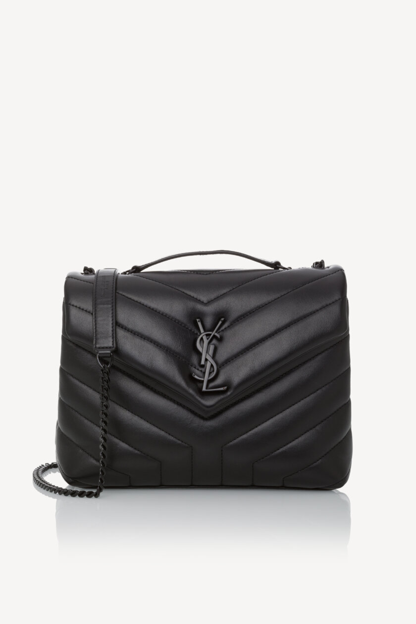Genti | SAINT LAURENT Calfskin Y Quilted Monogram Monochrome Loulou Small Crossbody Bag Black