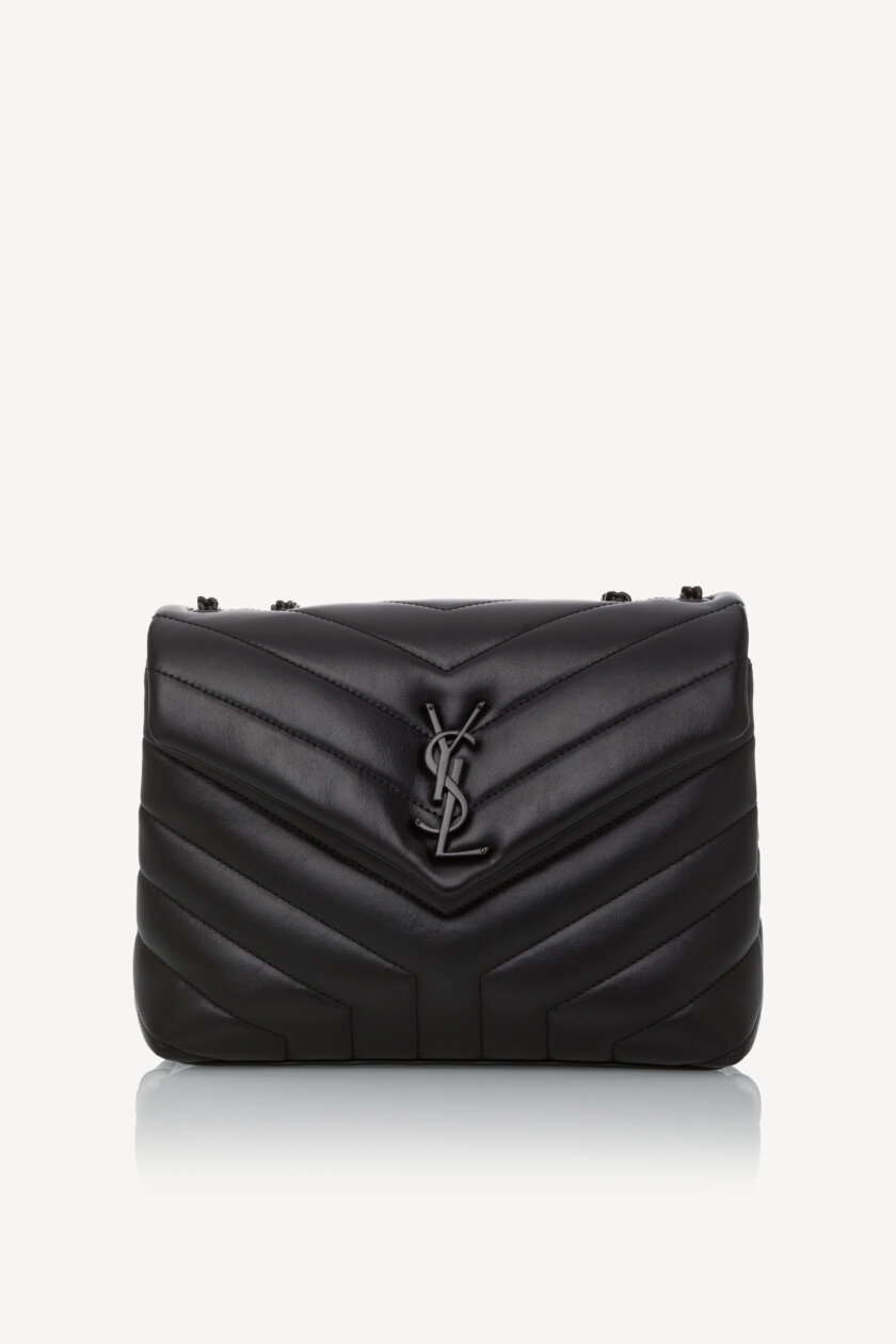 Genti | SAINT LAURENT Calfskin Y Quilted Monogram Monochrome Loulou Small Crossbody Bag Black