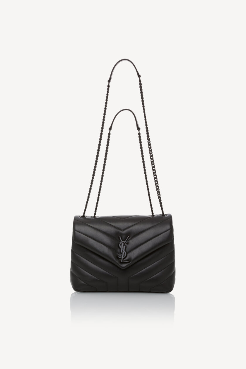 Genti | SAINT LAURENT Calfskin Y Quilted Monogram Monochrome Loulou Small Crossbody Bag Black