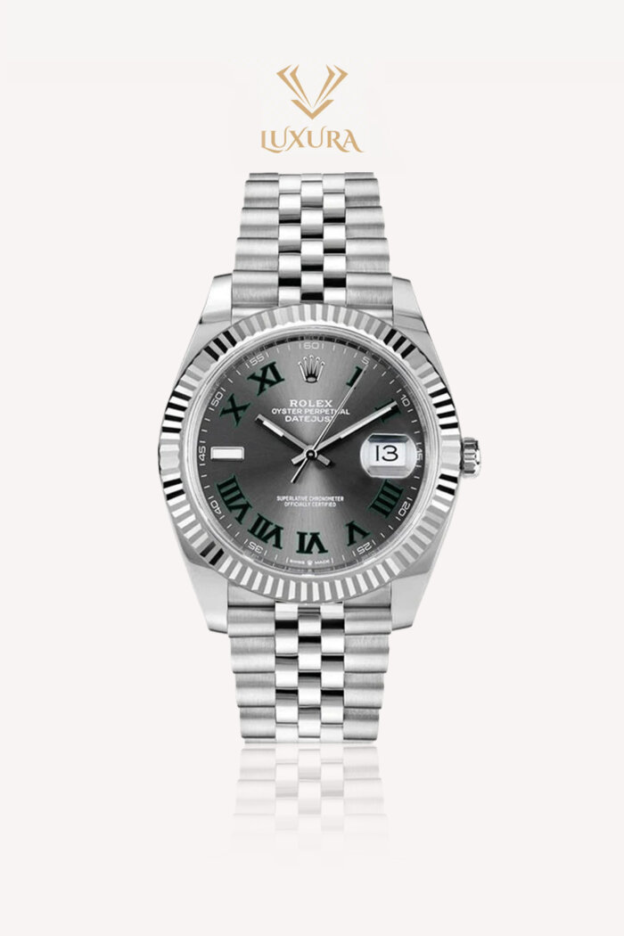 <span style="font-size: 10px; color: rgb(101, 101, 101);letter-spacing: .15em;">HARD TO FIND</span><br><strong> ROLEX </strong><br><div style="margin-top:10px; font-size:16px;">Stainless Steel 41mm Oyster Perpetual Wimbledon Datejust Watch Slate 126334</div><br>