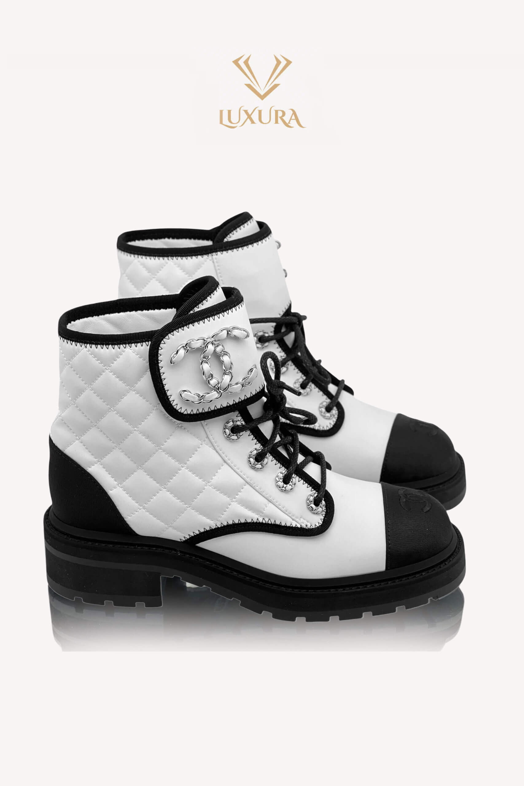 Incaltaminte | CHANEL Interlocking CC Logo Combat Boots White 37.5