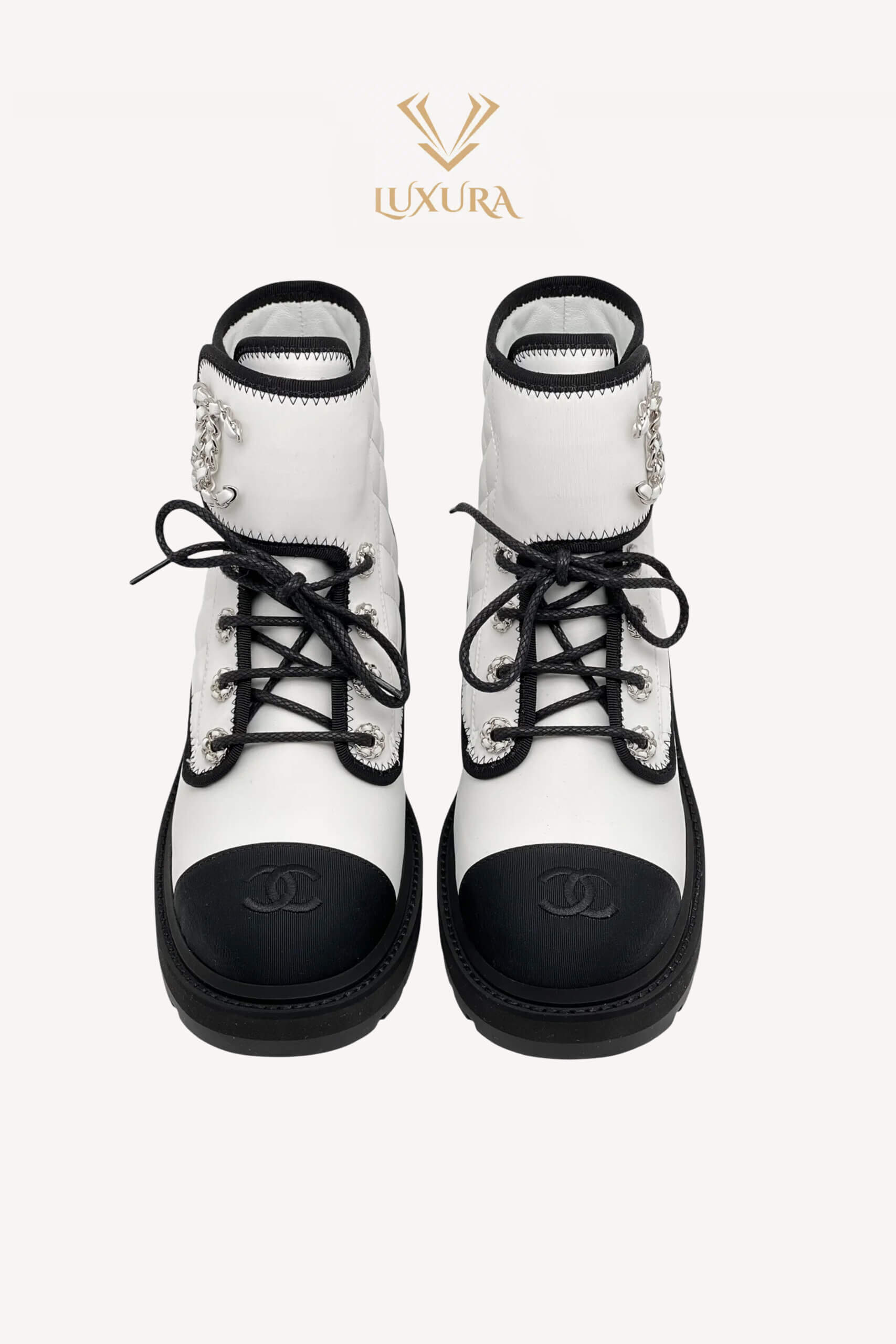 Incaltaminte | CHANEL Interlocking CC Logo Combat Boots White 37.5