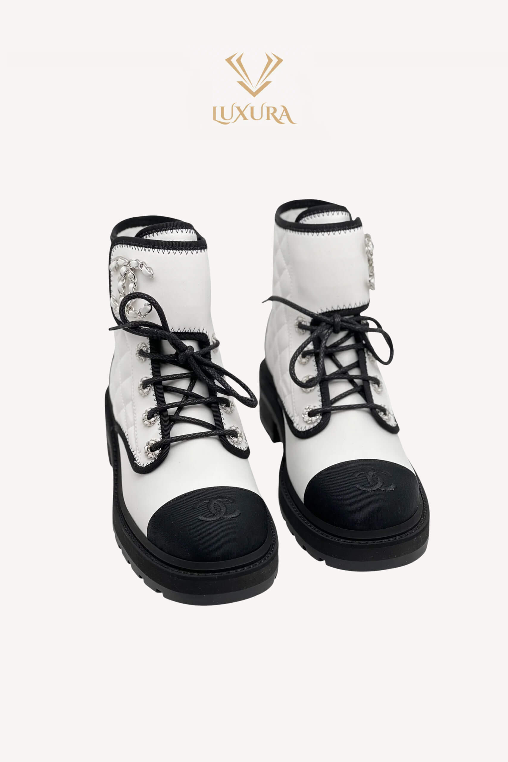 Incaltaminte | CHANEL Interlocking CC Logo Combat Boots White 37.5
