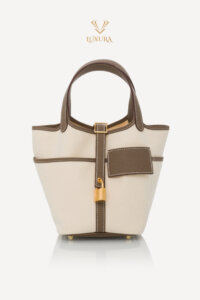 Genti | HERMÈS Cargo Picotin 18 Lock Bag Canvas Swift Ecru-Etoupe Gold Hardware