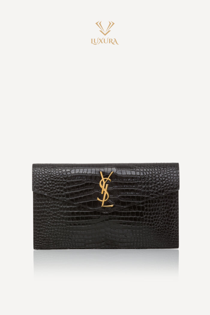 Lucy Faur | SAINT LAURENT Uptown Pouch Croc Embossed Clutch Black
