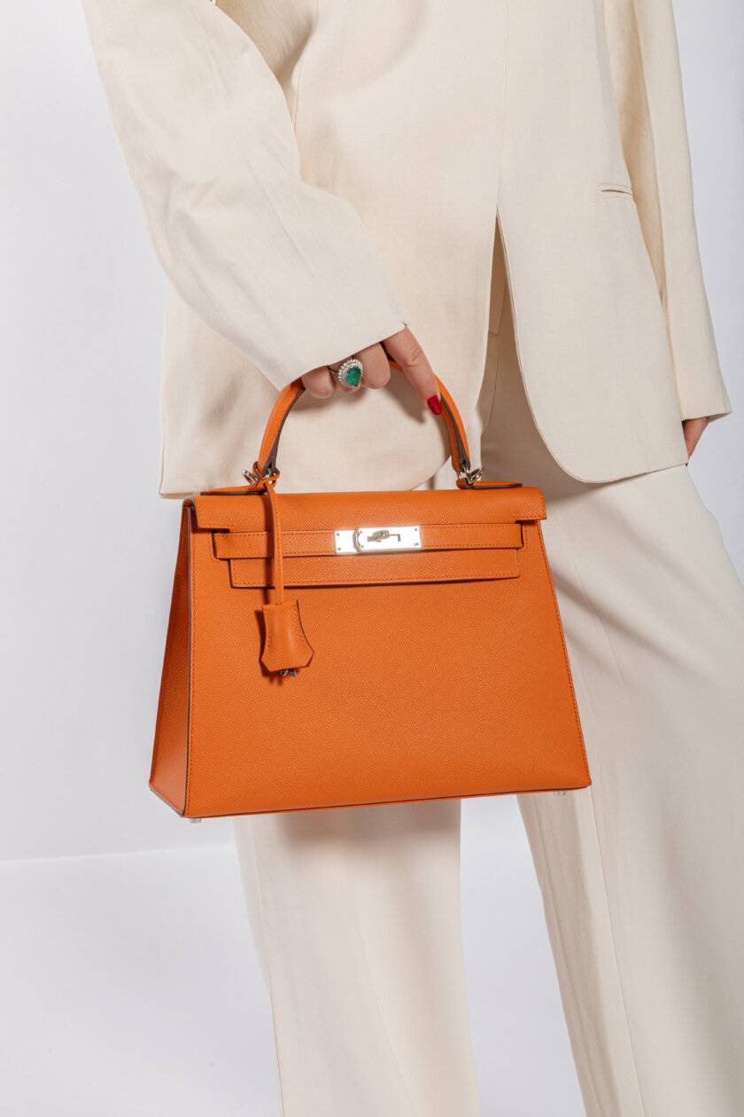 HERMES Kelly Sellier 28 Orange Epsom Palladium Hardware