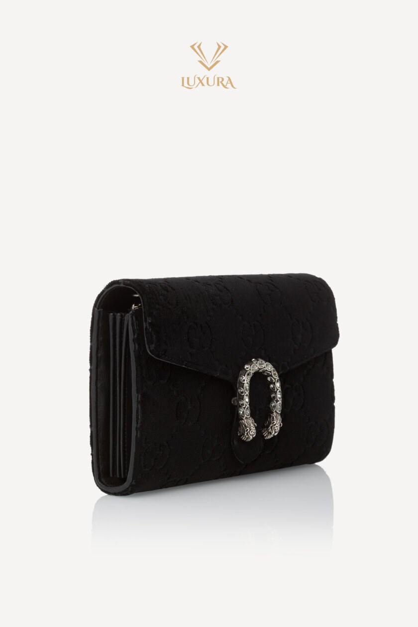<span style="font-size: 10px; color: rgb(101, 101, 101);letter-spacing: .15em;">HARD TO FIND</span><br><strong> GUCCI </strong><br><div style="margin-top:10px; font-size:16px;">Velvet GG Monogram Mini Dionysus Chain Wallet Black</div><br> - Image 3