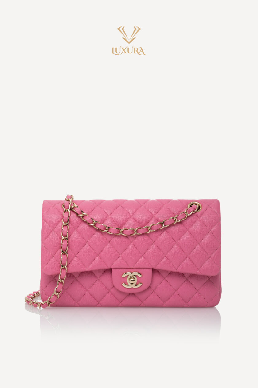 <span style="font-size: 10px; color: rgb(101, 101, 101);letter-spacing: .15em;">HARD TO FIND</span><br><strong> CHANEL </strong><br><div style="margin-top:10px;font-size:16px;">Classic Medium Double Flap Bag in Pink Caviar Calfskin with Gold Tone Hardware</div><br> - Image 4