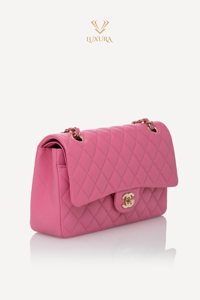 <span style="font-size: 10px; color: rgb(101, 101, 101);letter-spacing: .15em;">HARD TO FIND</span><br><strong> CHANEL </strong><br><div style="margin-top:10px;font-size:16px;">Classic Medium Double Flap Bag in Pink Caviar Calfskin with Gold Tone Hardware</div><br> - Image 3