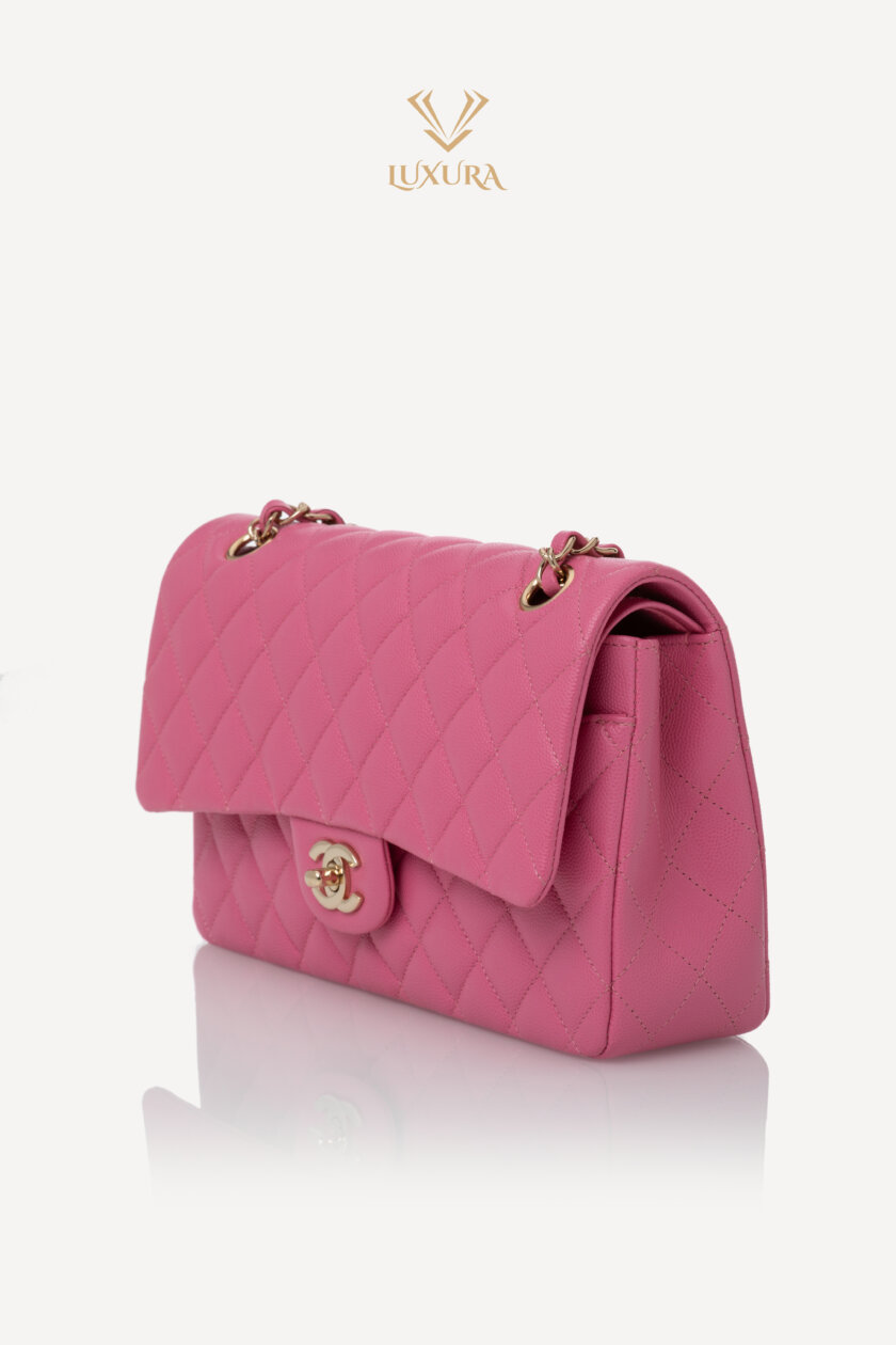 <span style="font-size: 10px; color: rgb(101, 101, 101);letter-spacing: .15em;">HARD TO FIND</span><br><strong> CHANEL </strong><br><div style="margin-top:10px;font-size:16px;">Classic Medium Double Flap Bag in Pink Caviar Calfskin with Gold Tone Hardware</div><br> - Image 7