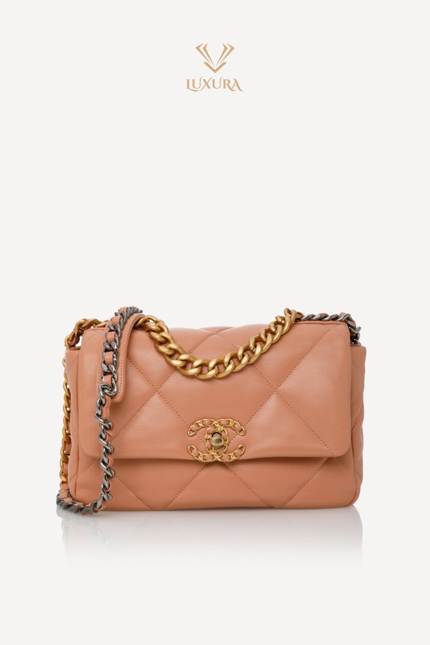 <span style="font-size: 10px; color: rgb(101, 101, 101);letter-spacing: .15em;">HARD TO FIND</span><br><strong> CHANEL </strong><br><div style="margin-top:10px;font-size:16px;">19 Handbag Shiny Lambskin Gold-Tone Silver-Tone Ruthenium Finish Metal Camel</div><br>