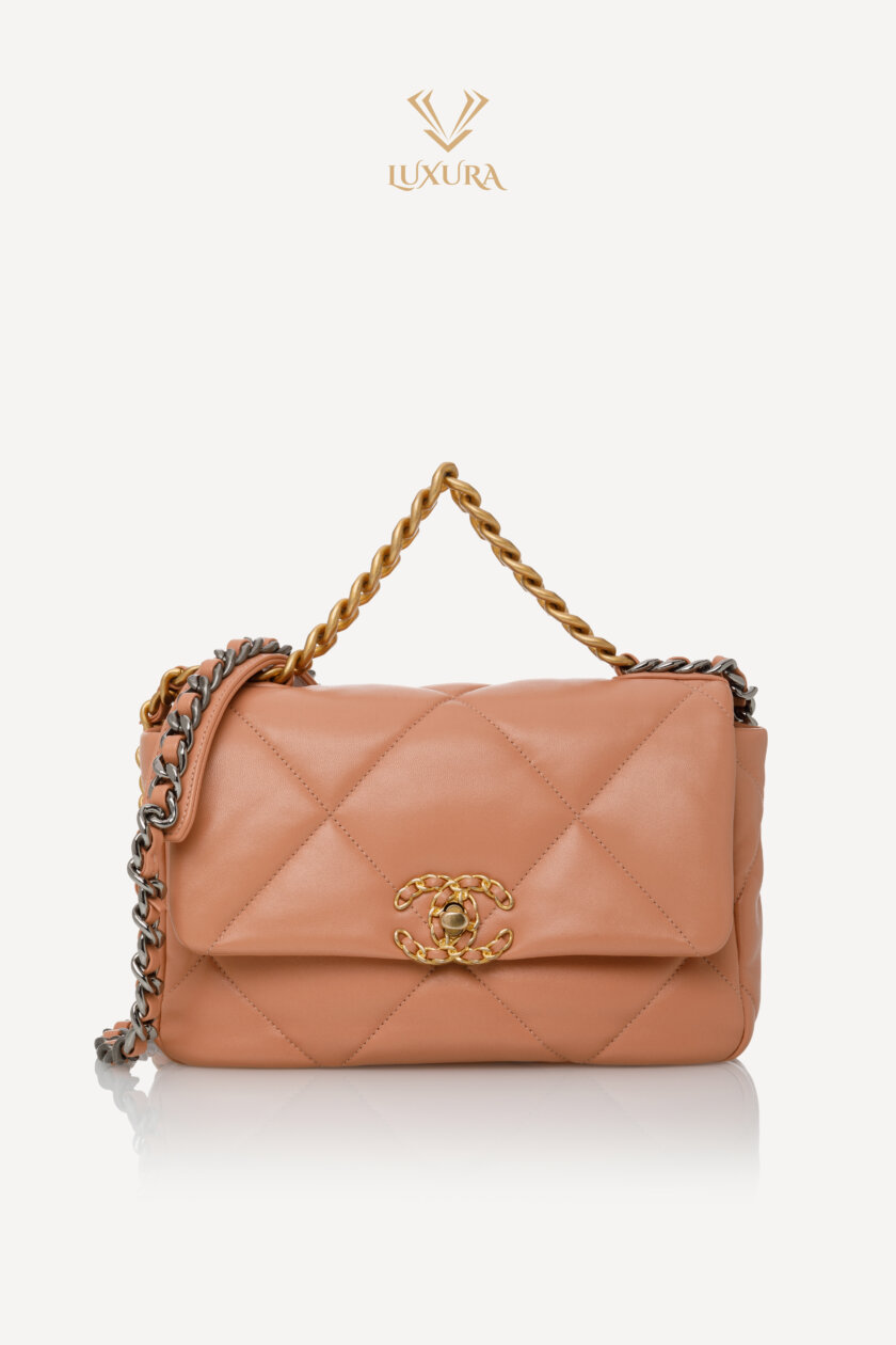 <span style="font-size: 10px; color: rgb(101, 101, 101);letter-spacing: .15em;">HARD TO FIND</span><br><strong> CHANEL </strong><br><div style="margin-top:10px;font-size:16px;">19 Handbag Shiny Lambskin Gold-Tone Silver-Tone Ruthenium Finish Metal Camel</div><br> - Image 5