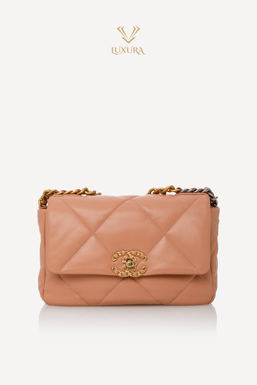 <span style="font-size: 10px; color: rgb(101, 101, 101);letter-spacing: .15em;">HARD TO FIND</span><br><strong> CHANEL </strong><br><div style="margin-top:10px;font-size:16px;">19 Handbag Shiny Lambskin Gold-Tone Silver-Tone Ruthenium Finish Metal Camel</div><br> - Image 6
