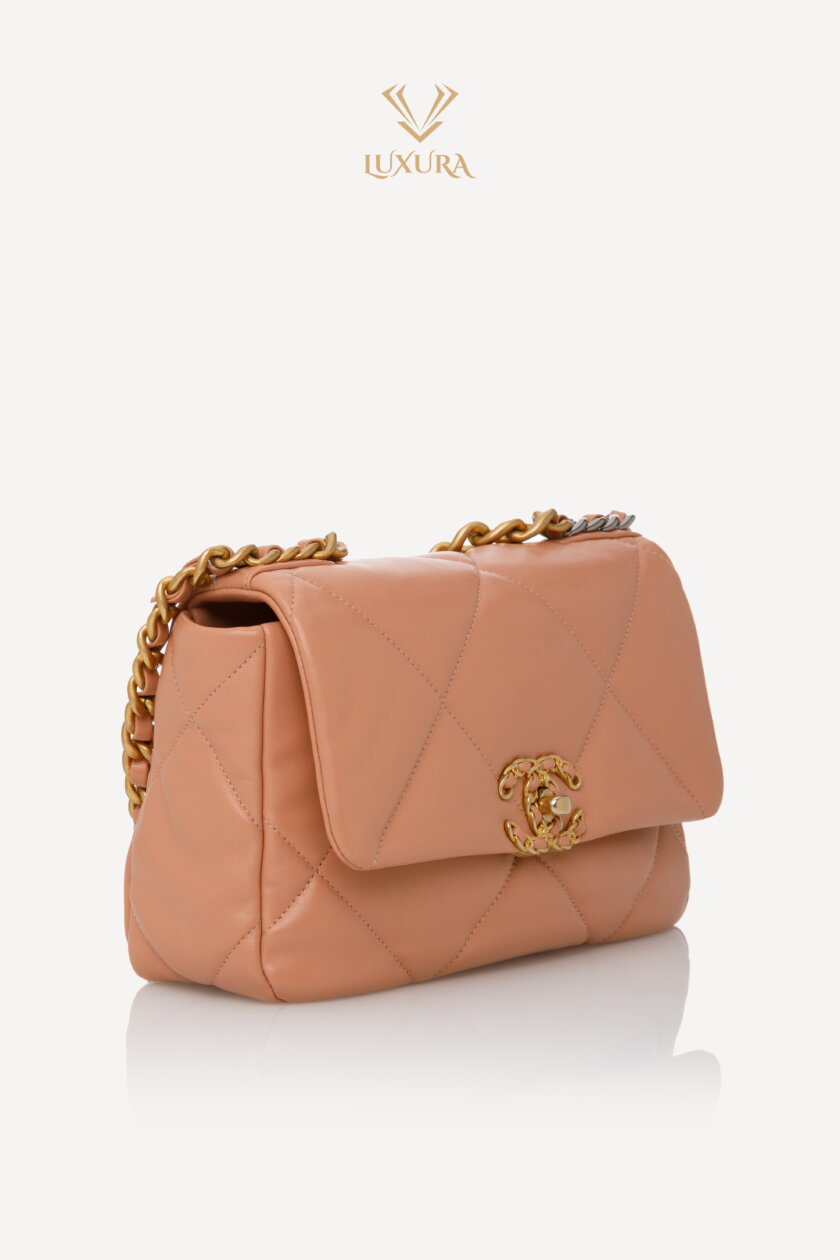 <span style="font-size: 10px; color: rgb(101, 101, 101);letter-spacing: .15em;">HARD TO FIND</span><br><strong> CHANEL </strong><br><div style="margin-top:10px;font-size:16px;">19 Handbag Shiny Lambskin Gold-Tone Silver-Tone Ruthenium Finish Metal Camel</div><br> - Image 3