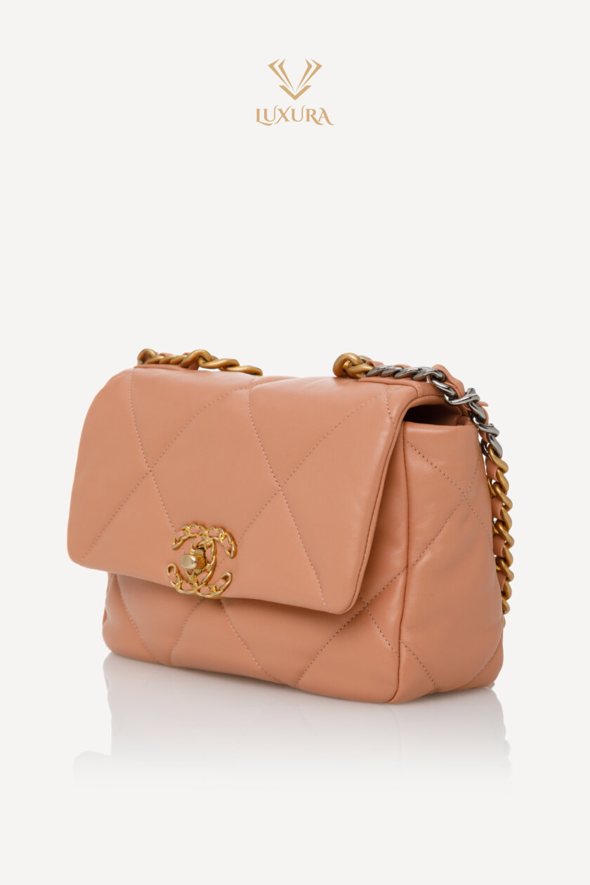 <span style="font-size: 10px; color: rgb(101, 101, 101);letter-spacing: .15em;">HARD TO FIND</span><br><strong> CHANEL </strong><br><div style="margin-top:10px;font-size:16px;">19 Handbag Shiny Lambskin Gold-Tone Silver-Tone Ruthenium Finish Metal Camel</div><br> - Image 10