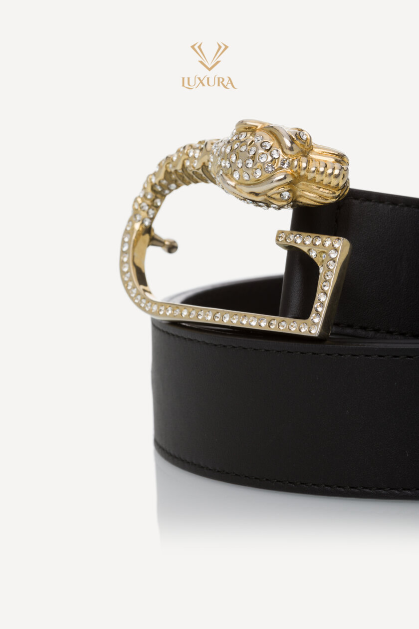<span style="font-size: 10px; color: rgb(101, 101, 101);letter-spacing: .15em;">HARD TO FIND</span><br><strong> GUCCI </strong><br><div style="margin-top:10px; font-size:16px;">Moon Calfskin Crystal Tiger Head G Buckle 35mm Belt 70 Black</div><br> - Image 6