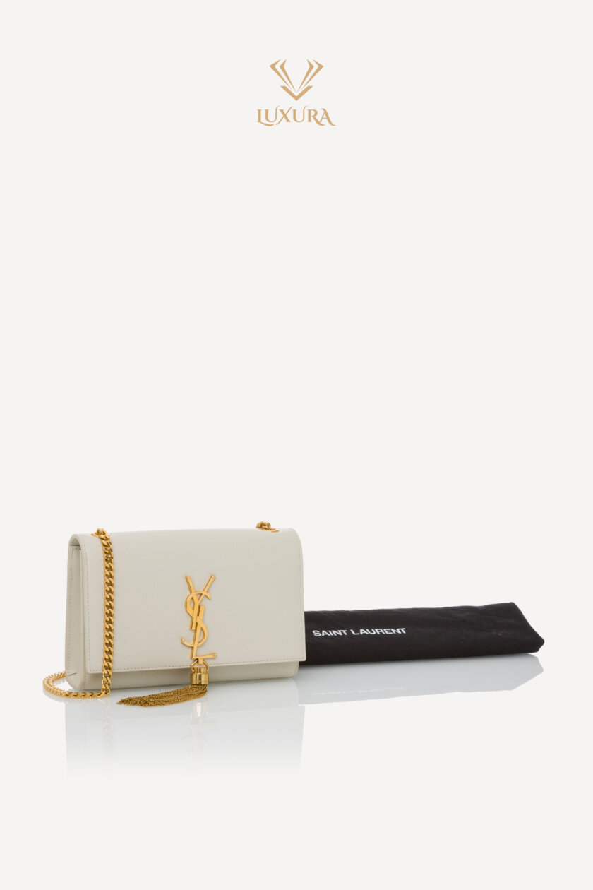 Genti | SAINT LAURENT Grain De Poudre Small Classic Monogram Kate Tassel Satchel Vintage White
