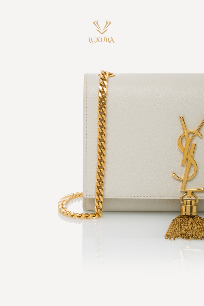 Genti | SAINT LAURENT Grain De Poudre Small Classic Monogram Kate Tassel Satchel Vintage White