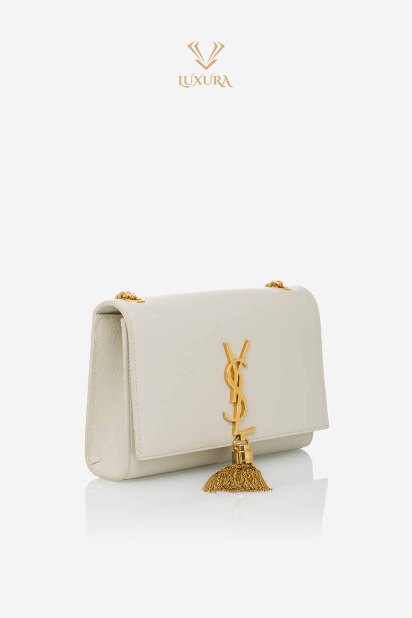 Genti | SAINT LAURENT Grain De Poudre Small Classic Monogram Kate Tassel Satchel Vintage White