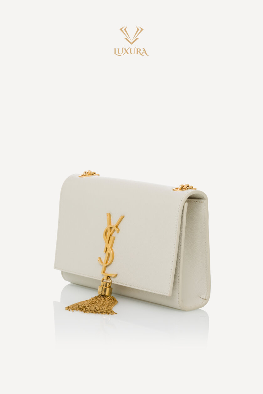 Genti | SAINT LAURENT Grain De Poudre Small Classic Monogram Kate Tassel Satchel Vintage White