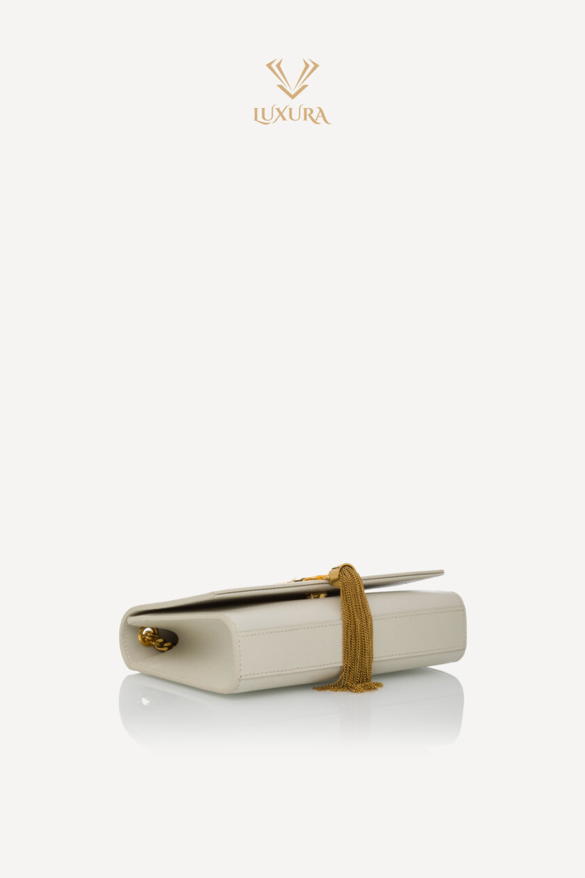 Genti | SAINT LAURENT Grain De Poudre Small Classic Monogram Kate Tassel Satchel Vintage White