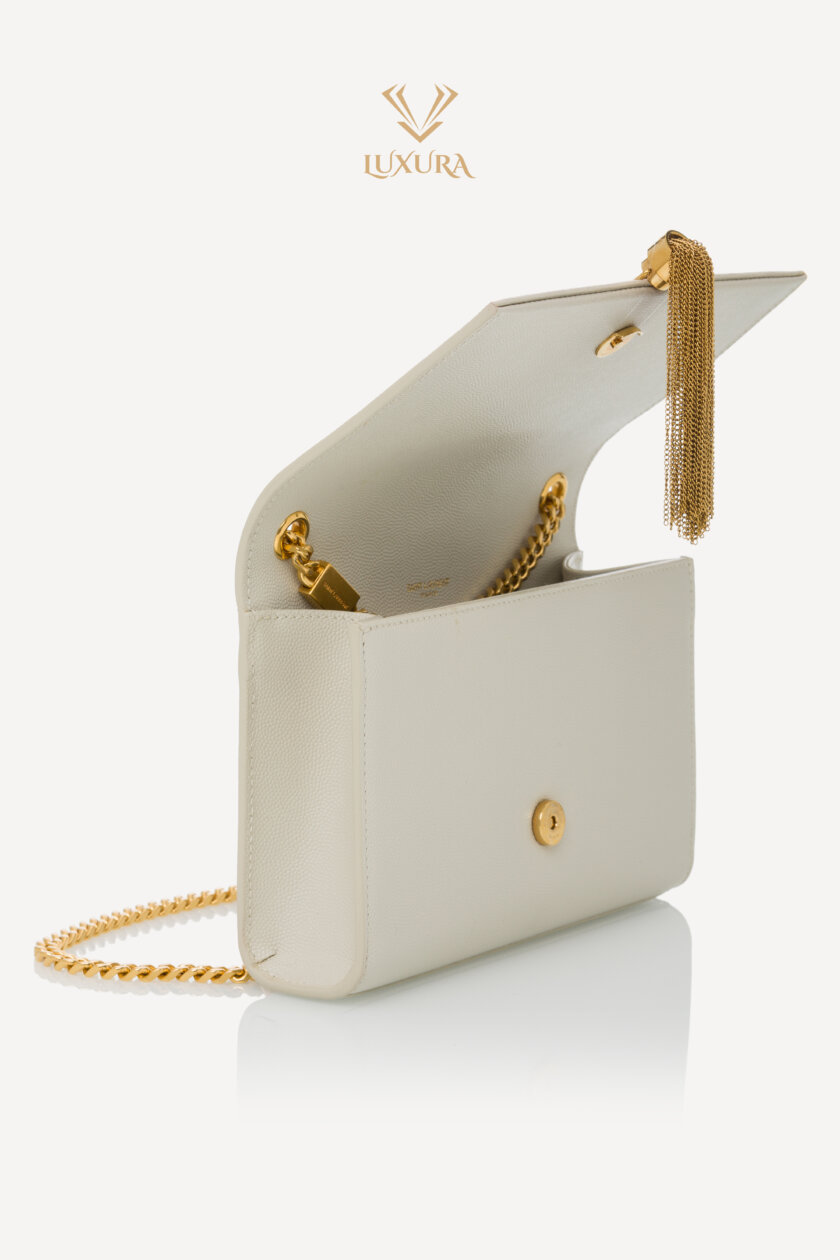 Genti | SAINT LAURENT Grain De Poudre Small Classic Monogram Kate Tassel Satchel Vintage White