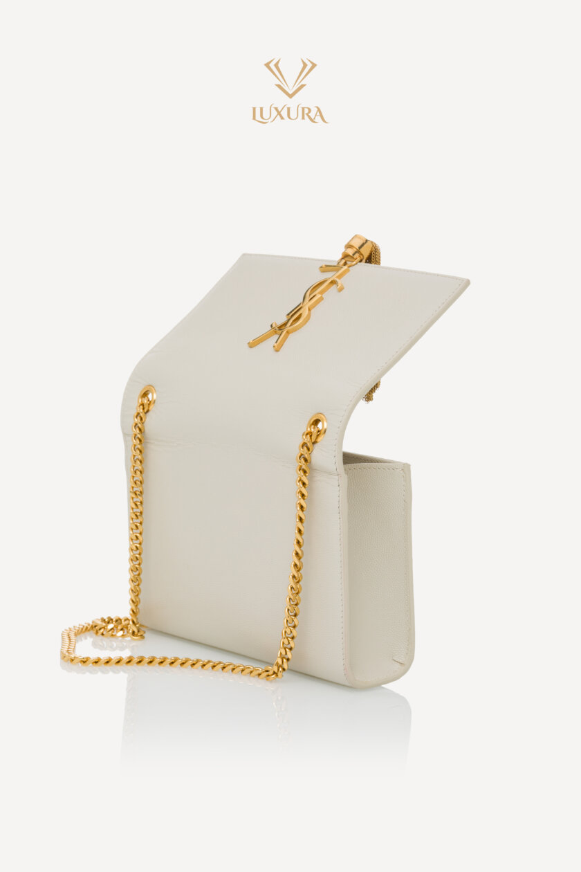 Genti | SAINT LAURENT Grain De Poudre Small Classic Monogram Kate Tassel Satchel Vintage White