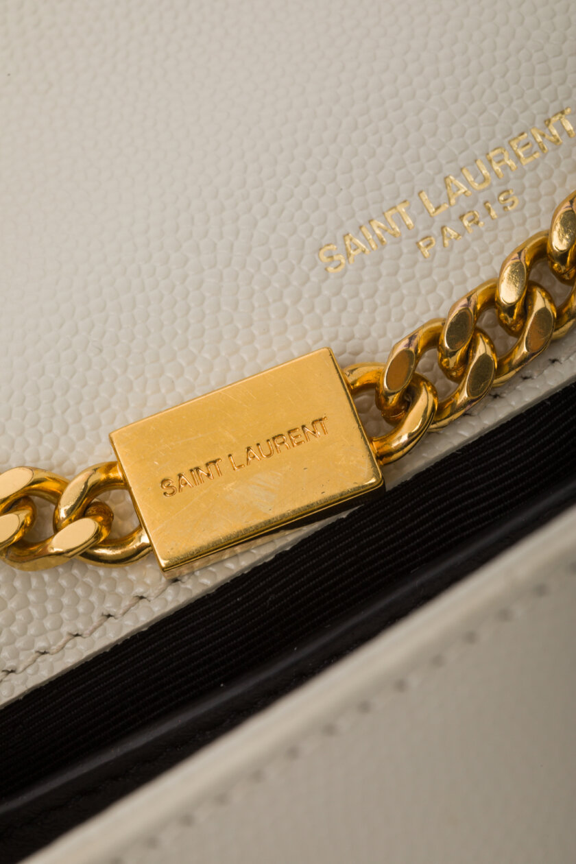 Genti | SAINT LAURENT Grain De Poudre Small Classic Monogram Kate Tassel Satchel Vintage White