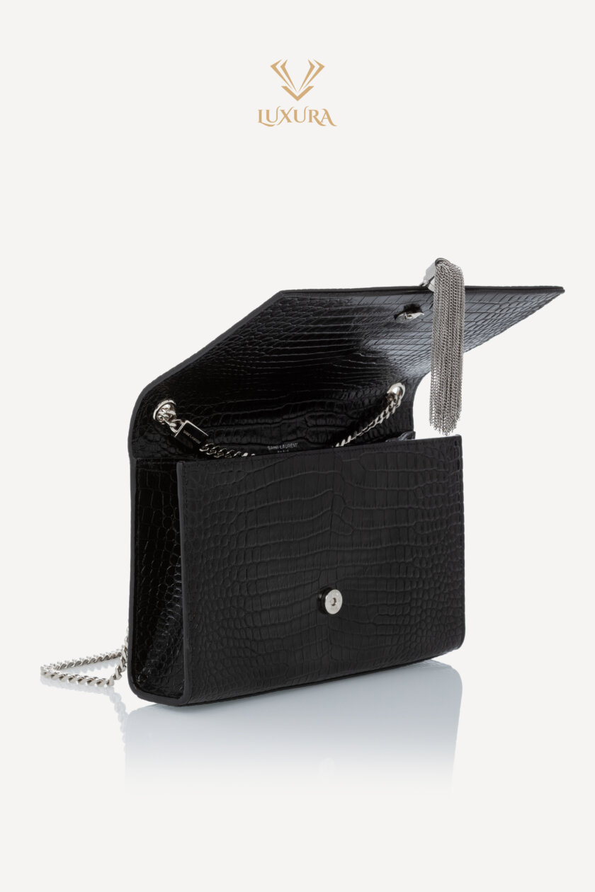 <span style="font-size: 10px; color: rgb(101, 101, 101);letter-spacing: .15em;">BEST DEAL</span><br><strong> SAINT LAURENT </strong><br><div style="margin-top:10px; font-size:16px;">Crocodile Embossed Medium Classic Monogram Kate Tassel Satchel Black</div><br> - Image 8