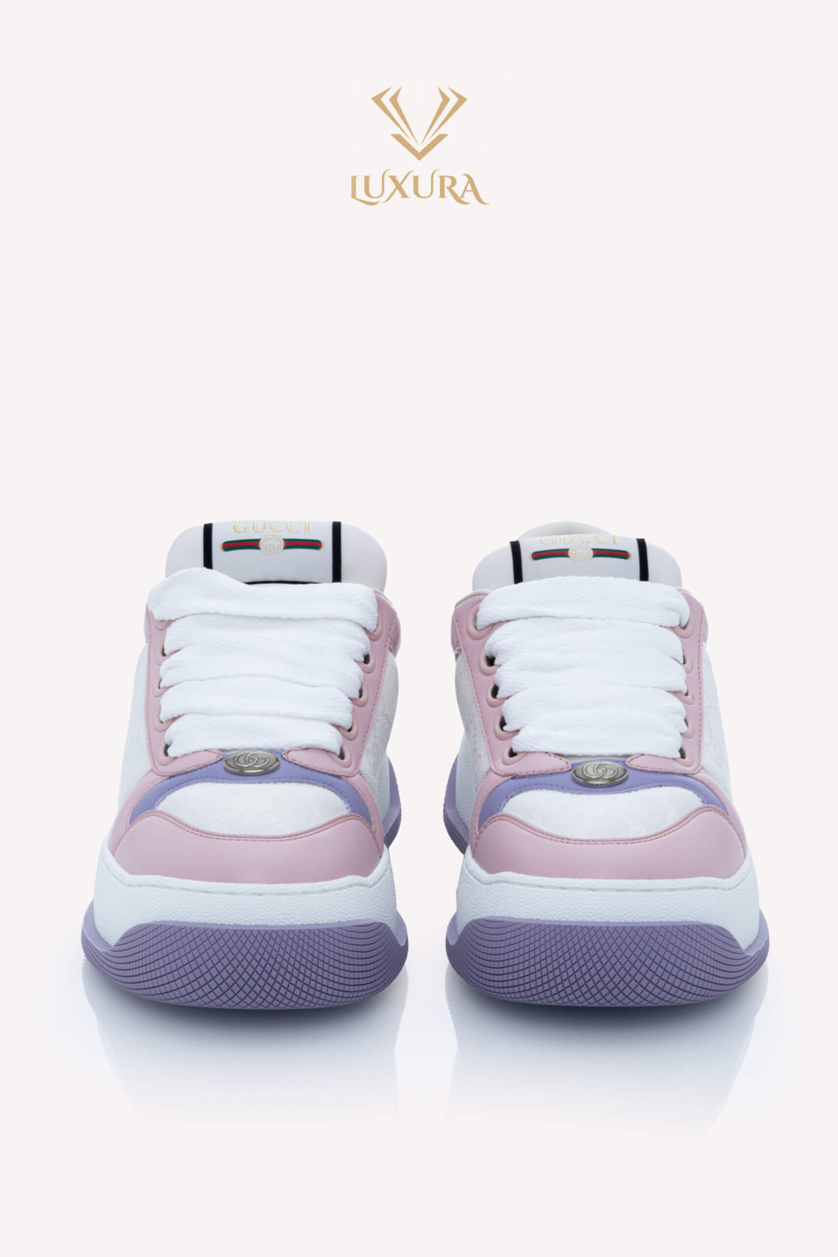 <span style="font-size: 10px; color: rgb(101, 101, 101);letter-spacing: .15em;">NEW COLLECTION</span><br><strong> GUCCI </strong><br><div style="margin-top:10px; font-size:16px;">GG Leather Colorblock Pattern Sneakers 38</div><br> - Image 7