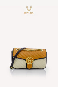 Genti | GUCCI Calfskin Matelasse Diagonal Torchon Tri-Color GG Marmont Cognac Mystic White Small Bag