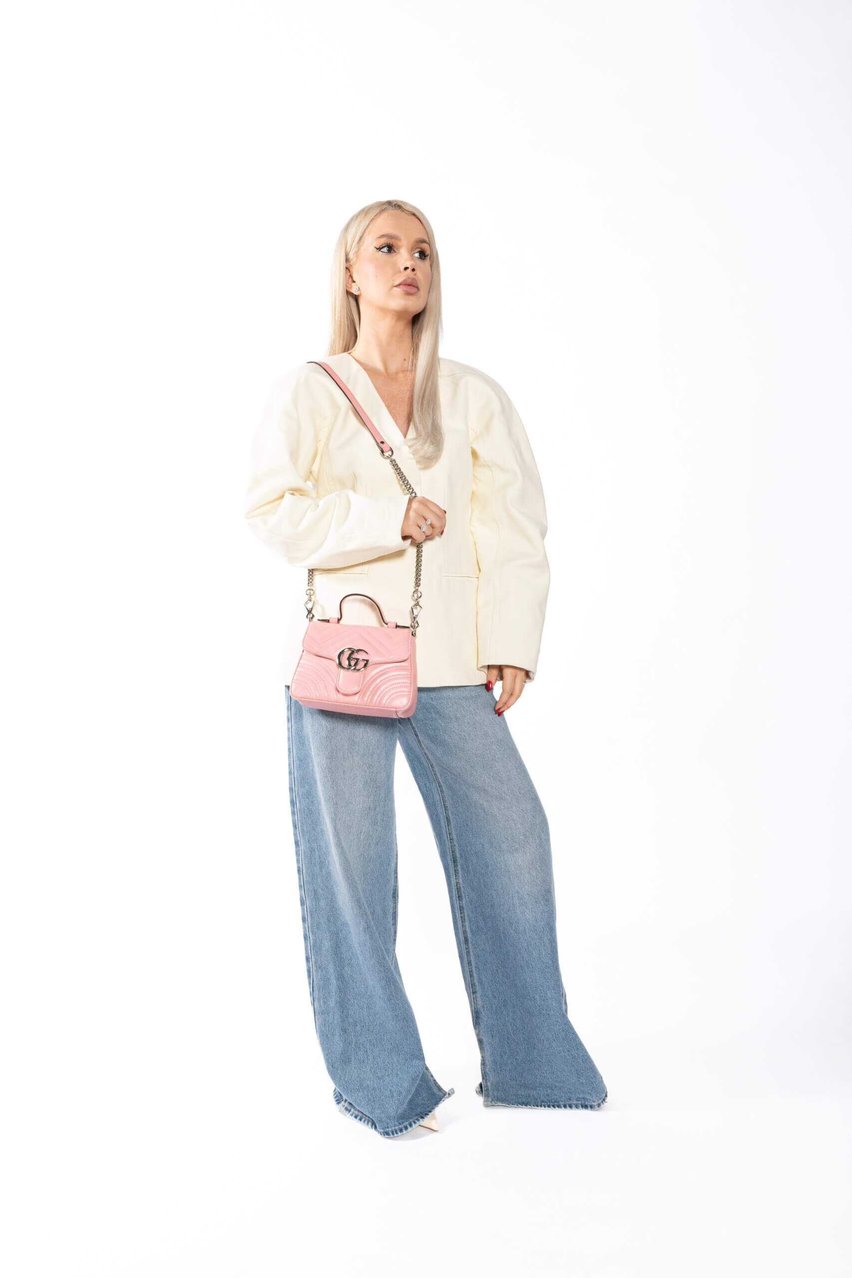 <span style="font-size: 10px;letter-spacing: .15em">BEST DEAL</span><br> <strong>GUCCI</strong><br> <div style="margin-top:10px;font-size:16px">Calfskin Matelasse Mini GG Marmont Top Handle Shoulder Bag Wild Rose</div><br> - Image 9