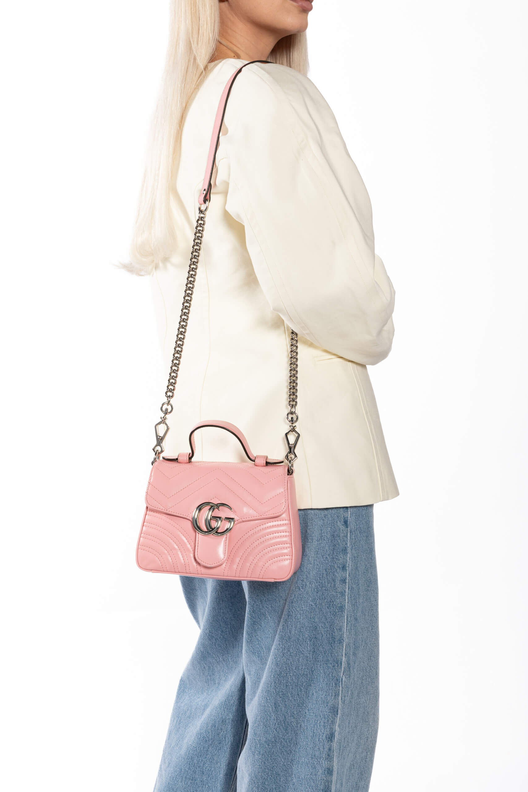 <span style="font-size: 10px;letter-spacing: .15em">BEST DEAL</span><br> <strong>GUCCI</strong><br> <div style="margin-top:10px;font-size:16px">Calfskin Matelasse Mini GG Marmont Top Handle Shoulder Bag Wild Rose</div><br> - Image 3