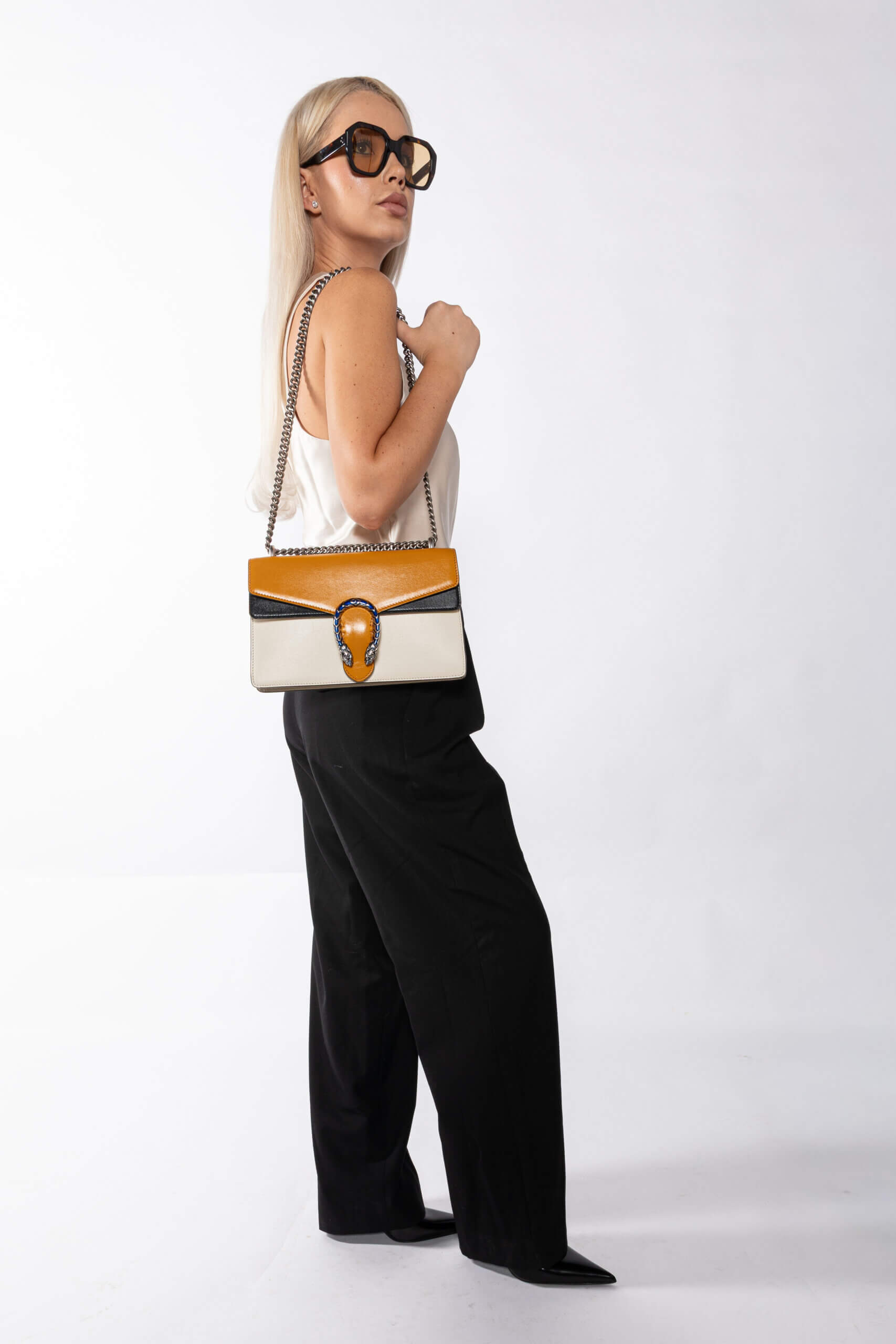 <span style="font-size: 10px;letter-spacing: .15em">HARD TO FIND</span><br> <strong>GUCCI</strong><br> <div style="margin-top:10px;font-size:16px">Azalea Calfski Tricolor Small Dionysus Shoulder Bag><br> - Image 10