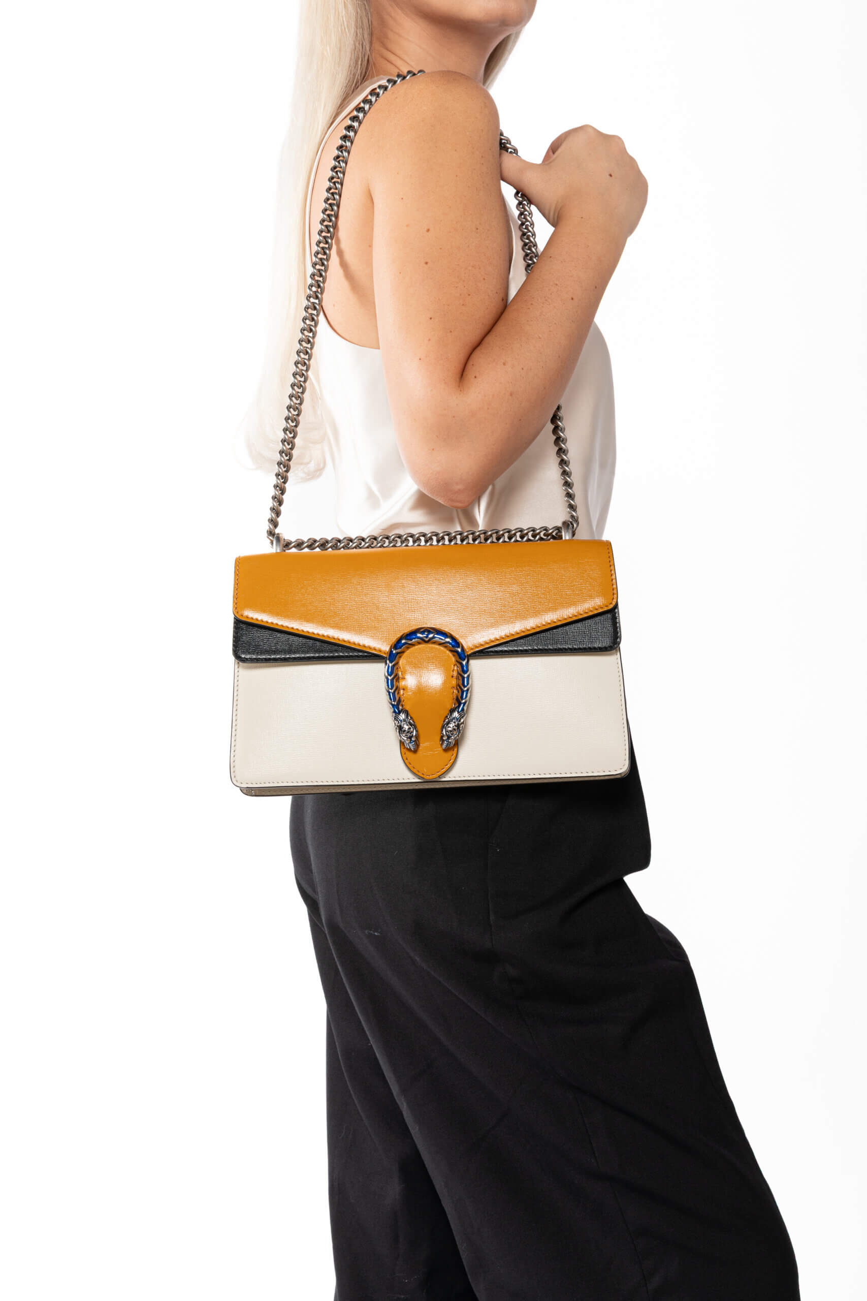 <span style="font-size: 10px;letter-spacing: .15em">HARD TO FIND</span><br> <strong>GUCCI</strong><br> <div style="margin-top:10px;font-size:16px">Azalea Calfski Tricolor Small Dionysus Shoulder Bag><br> - Image 7