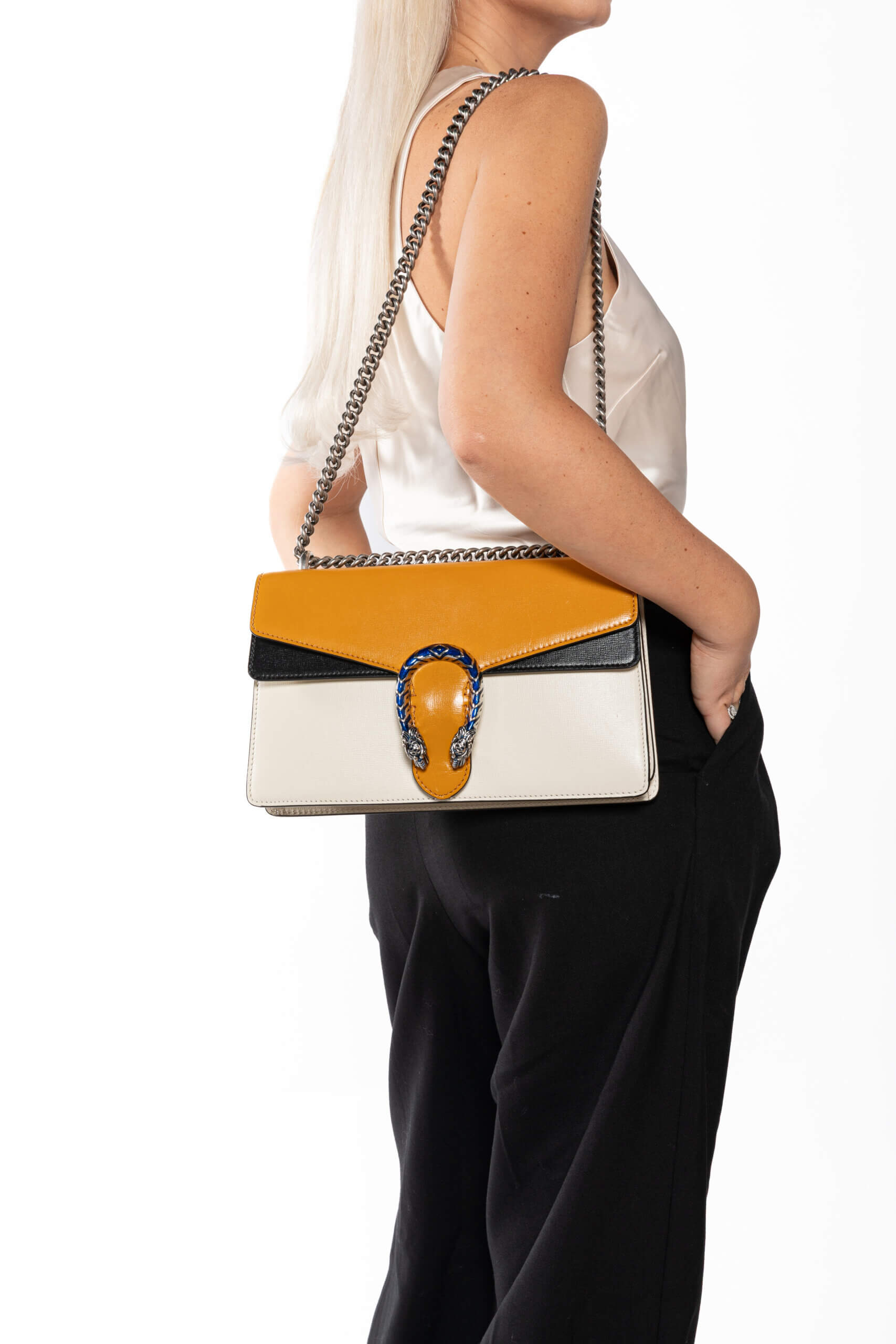 <span style="font-size: 10px;letter-spacing: .15em">HARD TO FIND</span><br> <strong>GUCCI</strong><br> <div style="margin-top:10px;font-size:16px">Azalea Calfski Tricolor Small Dionysus Shoulder Bag><br> - Image 2