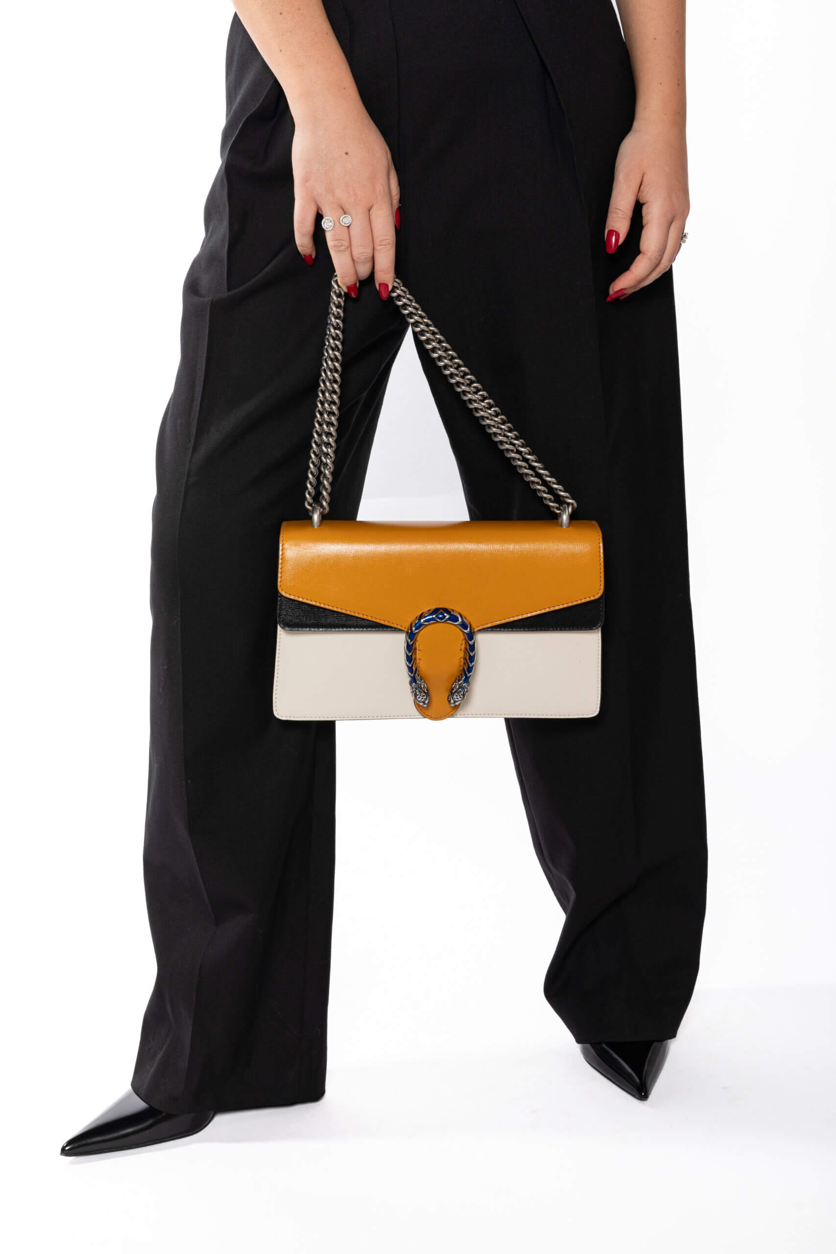 <span style="font-size: 10px;letter-spacing: .15em">HARD TO FIND</span><br> <strong>GUCCI</strong><br> <div style="margin-top:10px;font-size:16px">Azalea Calfski Tricolor Small Dionysus Shoulder Bag><br> - Image 8