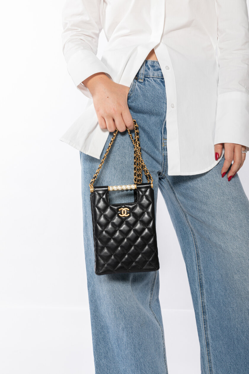 CHANEL Lambskin Matelasse Pearl Handle Chain Shoulder Bag Black