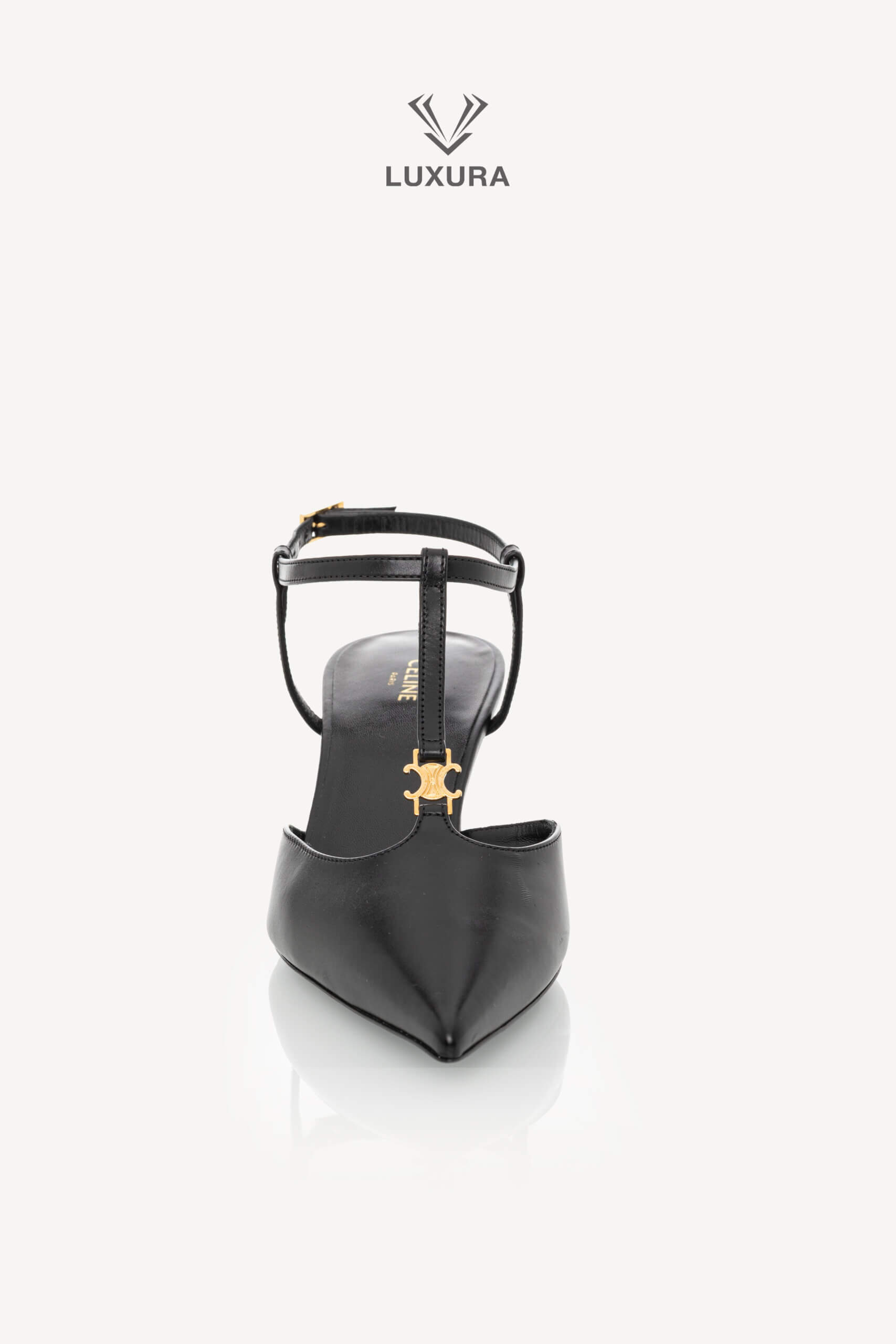 <span style="font-size: 10px;letter-spacing: .15em">NEW COLLECTION</span><br> <strong>CELINE</strong><br> <div style="margin-top:10px;font-size:16px">Kitten T-Bar Strap Pumps in Calfskin Black 37 ( true size 37.5 )</div><br> - Image 5