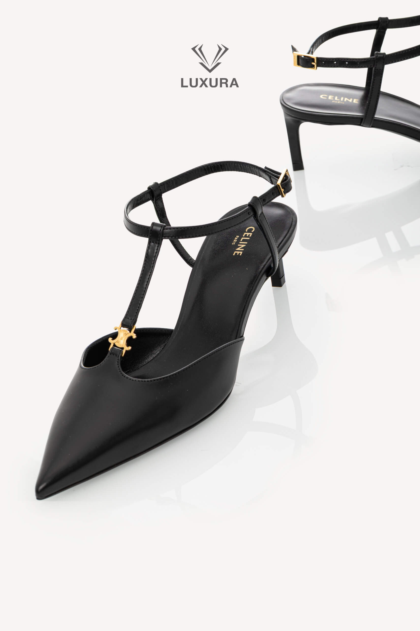 <span style="font-size: 10px;letter-spacing: .15em">NEW COLLECTION</span><br> <strong>CELINE</strong><br> <div style="margin-top:10px;font-size:16px">Kitten T-Bar Strap Pumps in Calfskin Black 37 ( true size 37.5 )</div><br> - Image 3