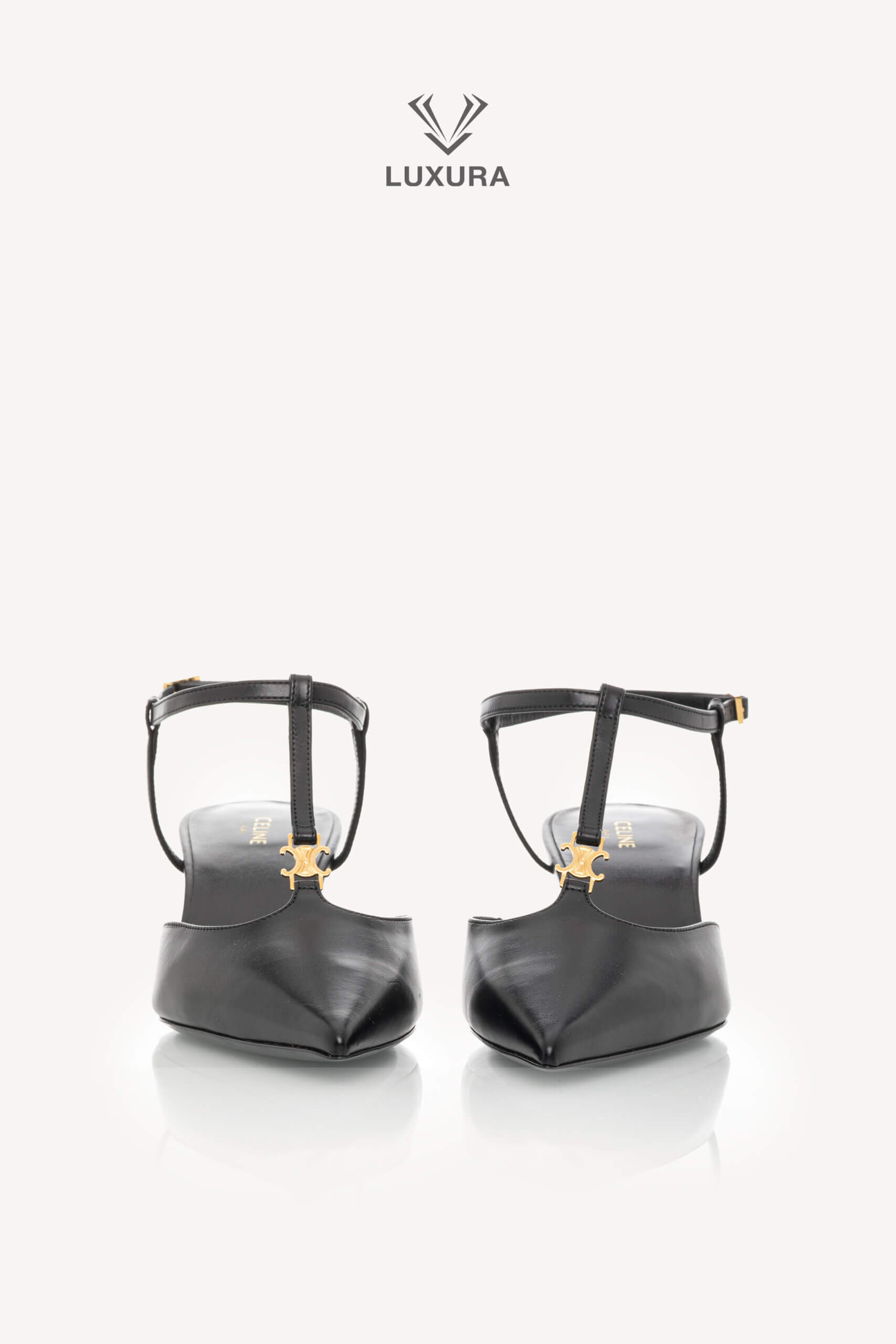 <span style="font-size: 10px;letter-spacing: .15em">NEW COLLECTION</span><br> <strong>CELINE</strong><br> <div style="margin-top:10px;font-size:16px">Kitten T-Bar Strap Pumps in Calfskin Black 37 ( true size 37.5 )</div><br> - Image 8