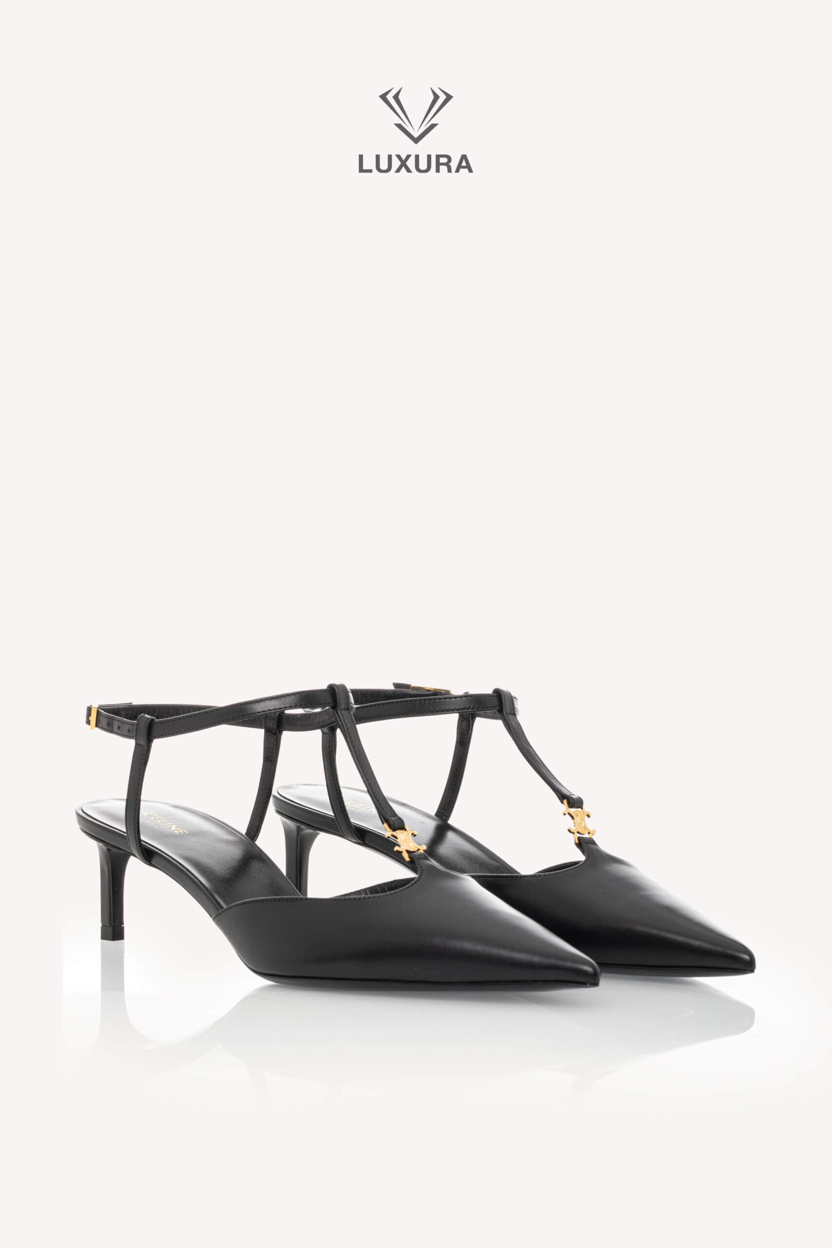 <span style="font-size: 10px;letter-spacing: .15em">NEW COLLECTION</span><br> <strong>CELINE</strong><br> <div style="margin-top:10px;font-size:16px">Kitten T-Bar Strap Pumps in Calfskin Black 37 ( true size 37.5 )</div><br> - Image 4
