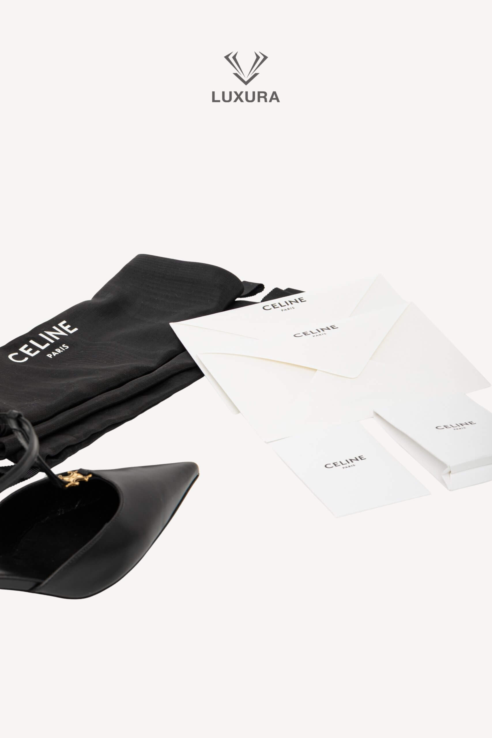 <span style="font-size: 10px;letter-spacing: .15em">NEW COLLECTION</span><br> <strong>CELINE</strong><br> <div style="margin-top:10px;font-size:16px">Kitten T-Bar Strap Pumps in Calfskin Black 37 ( true size 37.5 )</div><br> - Image 7