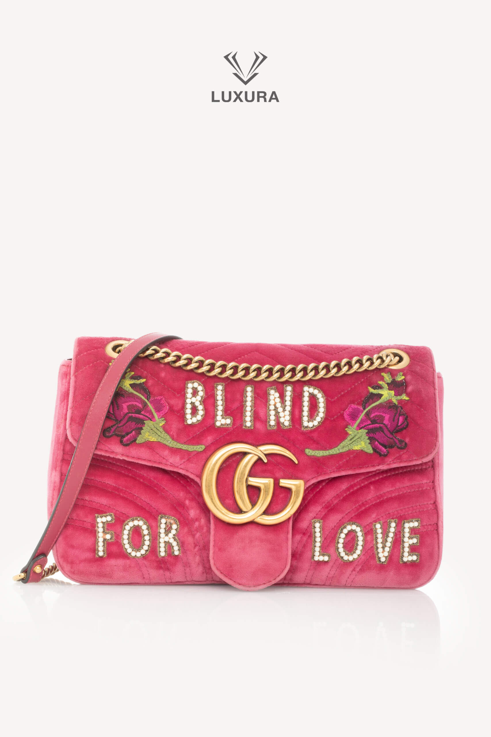 <span style="font-size: 10px;letter-spacing: .15em">BEST DEAL</span><br>            <strong>GUCCI</strong><br>            <div style="margin-top:10px;font-size:16px">Medium Marmont Flap Bag Quilted Embroidered Blind For Love Pink</div><br>
