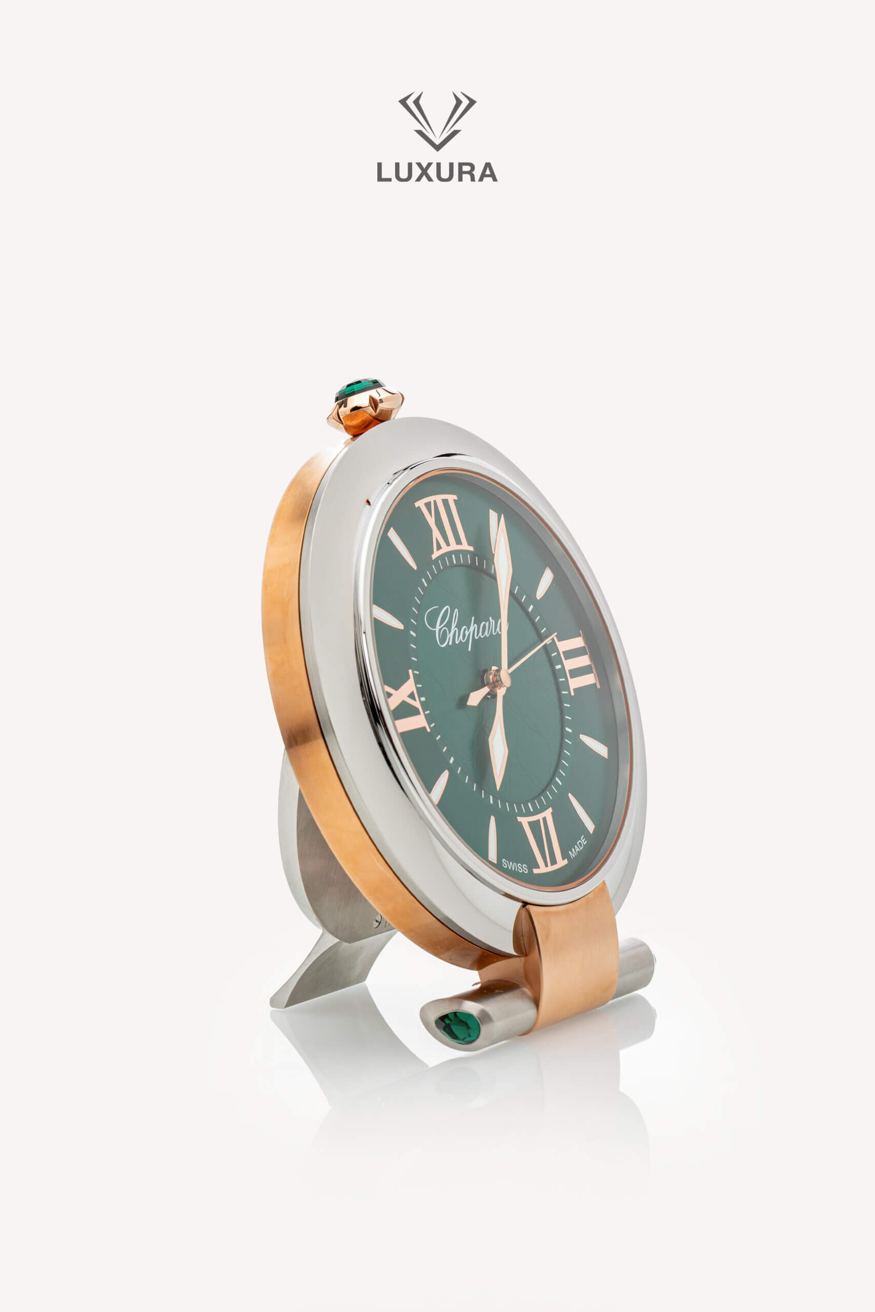 <span style="font-size: 10px;letter-spacing: .15em">HARD TO FIND</span><br> <strong>CHOPARD</strong><br> <div style="margin-top:10px;font-size:16px">Imperiale Alarm Clock Stainless Steel Rose Gold Finish</div><br> - Image 5