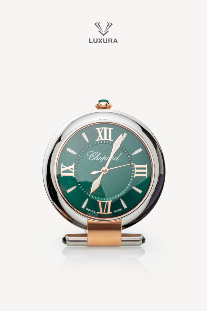 <span style="font-size: 10px;letter-spacing: .15em">HARD TO FIND</span><br> <strong>CHOPARD</strong><br> <div style="margin-top:10px;font-size:16px">Imperiale Alarm Clock Stainless Steel Rose Gold Finish</div><br>
