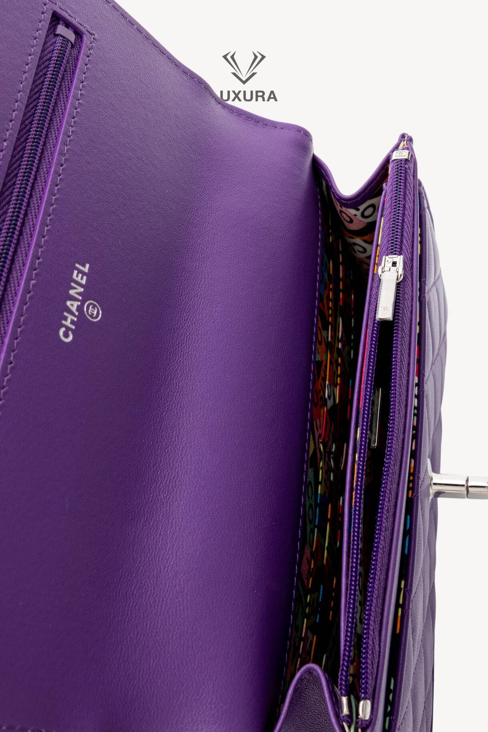<span style="font-size: 10px;letter-spacing: .15em">HARD TO FIND</span><br>            <strong>CHANEL</strong><br>            <div style="margin-top:10px;font-size:16px">Top Handle Wallet On Chain Purple Lambskin Silver Hardware</div><br> - Image 18